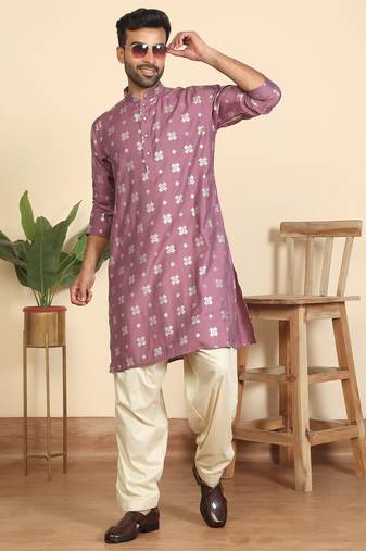 Cotton silk printed knee length mauve kurta with salwar