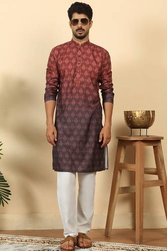 Ombre printed mandarin collar straight maroon kurta with pyjamas