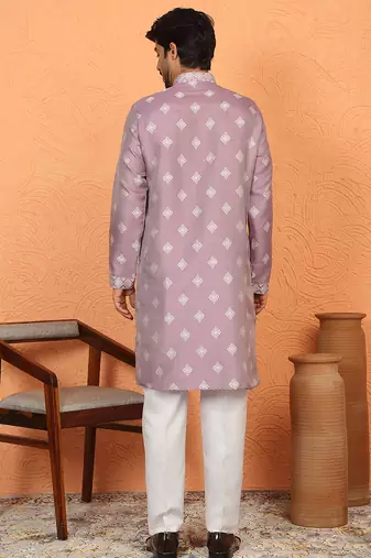 Silk jacquard embroidered woven design straight mauve kurta with white trouser