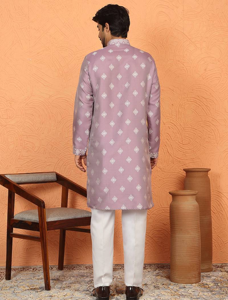 Silk jacquard embroidered woven design straight mauve kurta with white trouser