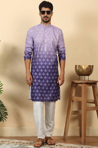 Ombre printed mandarin collar straight mauve kurta with pyjamas