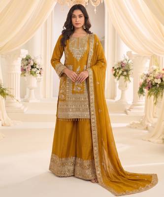Yellow real chinon readymade sharara salwar suit - full stitched 5