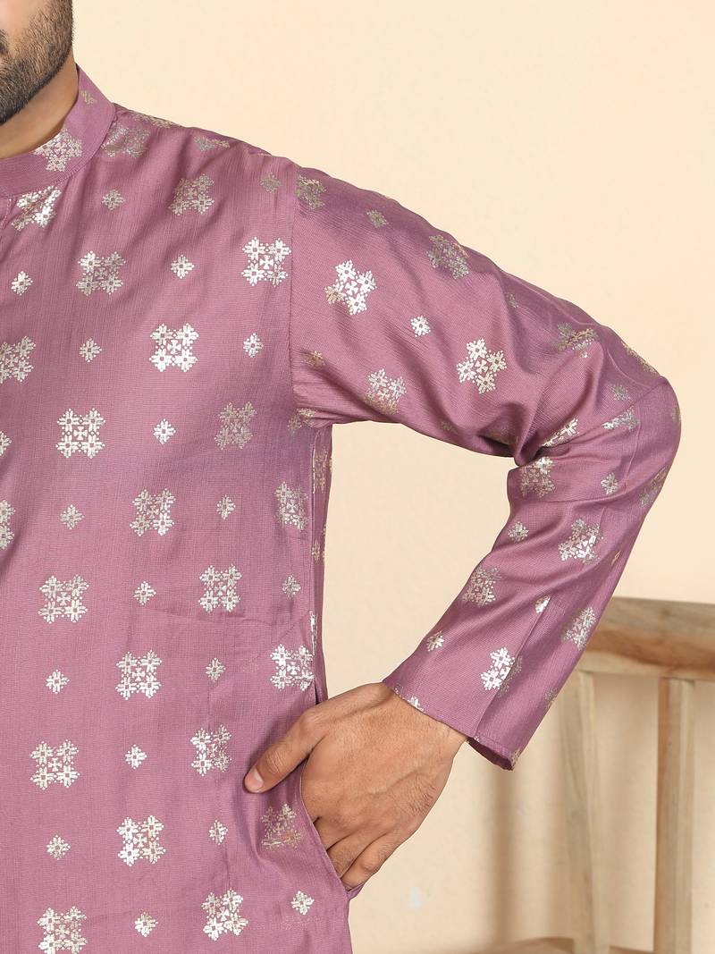 Cotton silk printed knee length mauve kurta with salwar