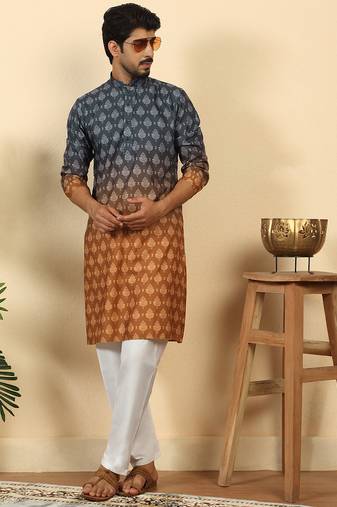Ombre printed mandarin collar straight mustard kurta with pyjamas