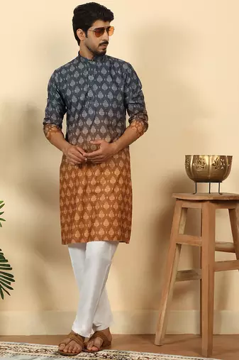 Ombre printed mandarin collar straight mustard kurta with pyjamas