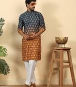 Ombre printed mandarin collar straight mustard kurta with pyjamas