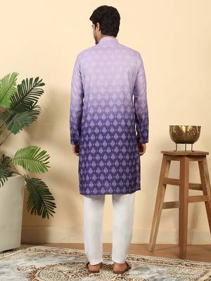 Ombre printed mandarin collar straight mauve kurta with pyjamas 3