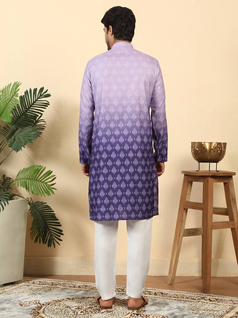 Ombre printed mandarin collar straight mauve kurta with pyjamas