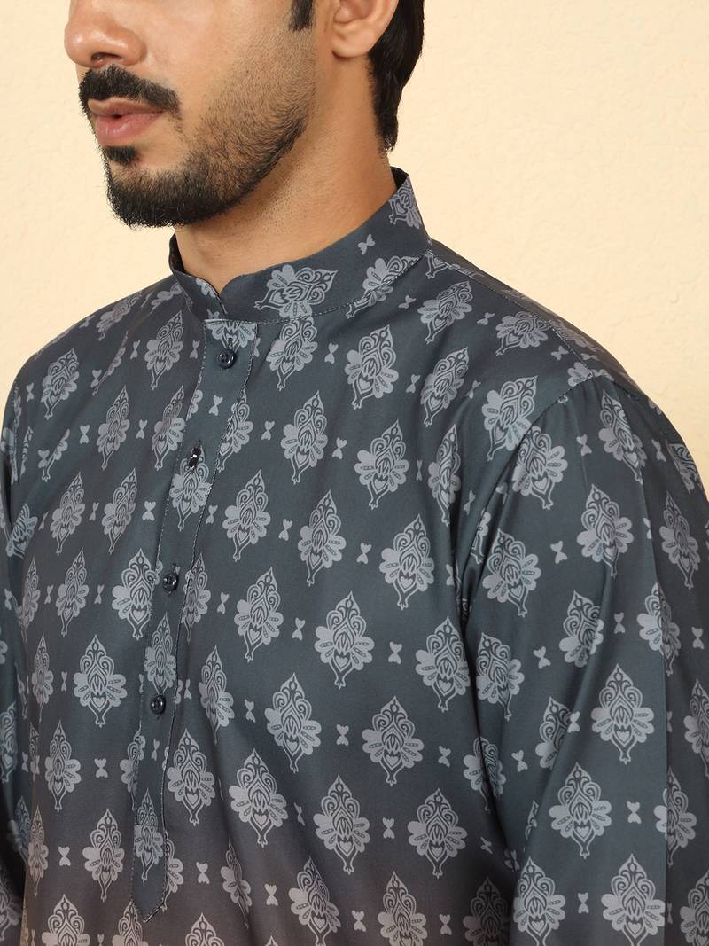 Ombre printed mandarin collar straight mustard kurta with pyjamas
