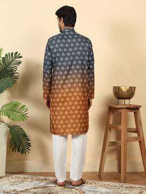 Ombre printed mandarin collar straight mustard kurta with pyjamas 3