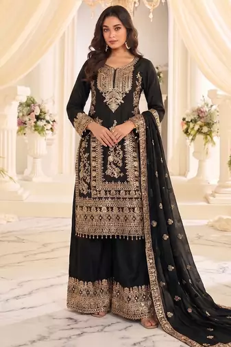 Black real chinon readymade sharara salwar suit - full stitched