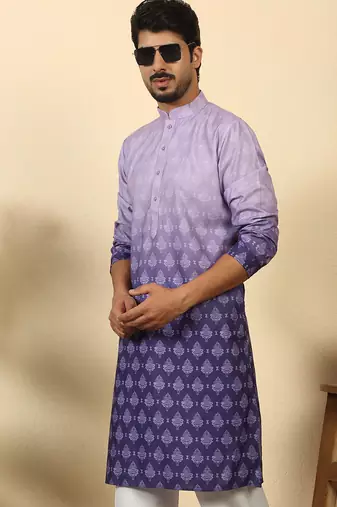 Ombre printed mandarin collar straight mauve kurta with pyjamas