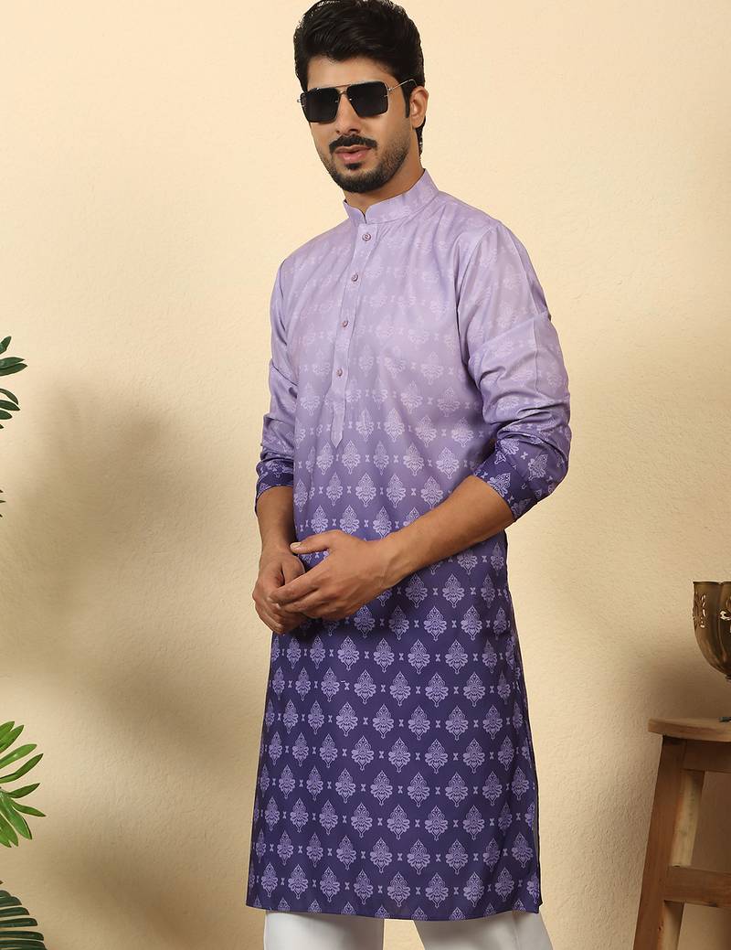 Ombre printed mandarin collar straight mauve kurta with pyjamas