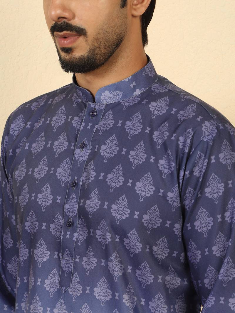 Ombre printed mandarin collar straight purple kurta with pyjamas