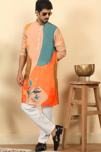 Abstract printed mandarin collar long sleeve straight beige kurta with white pyjamas