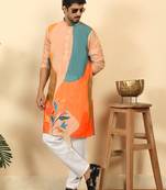 Abstract printed mandarin collar long sleeve straight beige kurta with white pyjamas