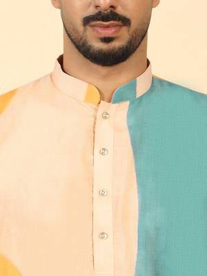 Abstract printed mandarin collar long sleeve straight beige kurta with white pyjamas 2