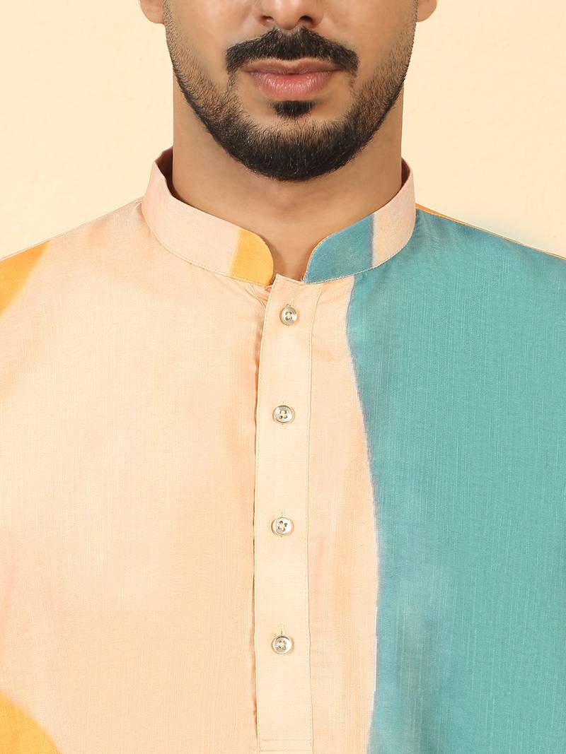 Abstract printed mandarin collar long sleeve straight beige kurta with white pyjamas