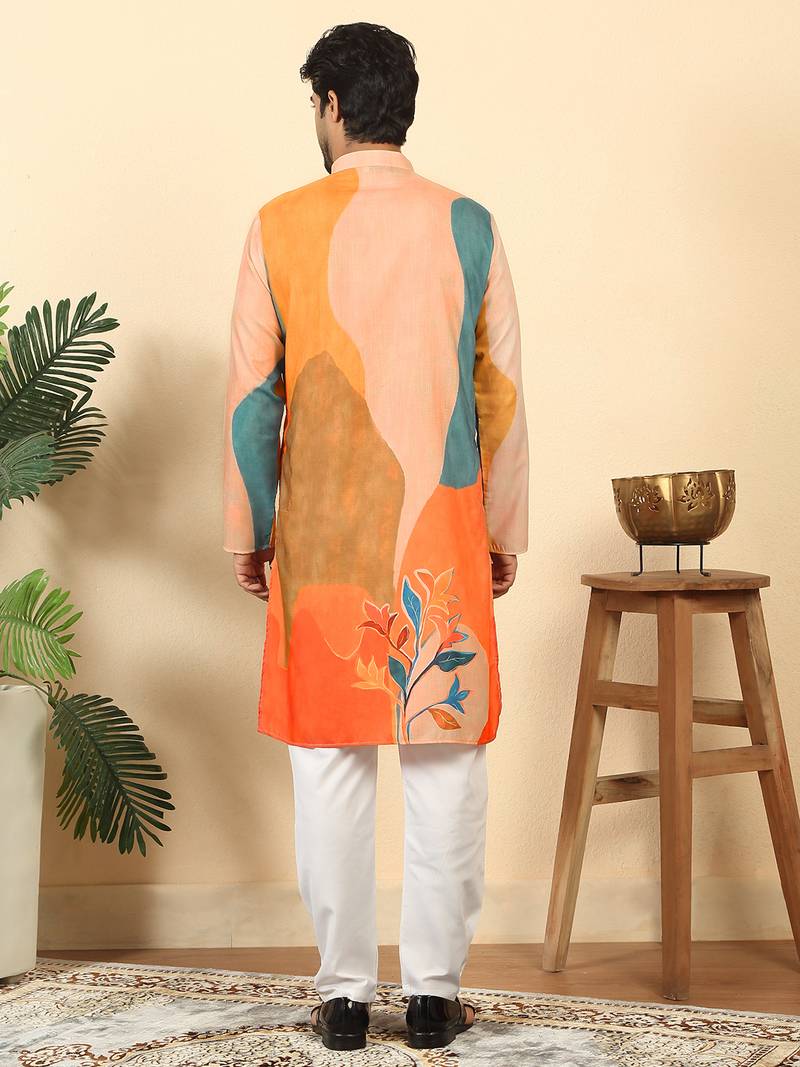 Abstract printed mandarin collar long sleeve straight beige kurta with white pyjamas