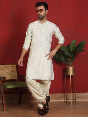 Cotton silk printed knee length cream kurta with salwar 1