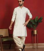 Cotton silk printed knee length cream kurta with salwar