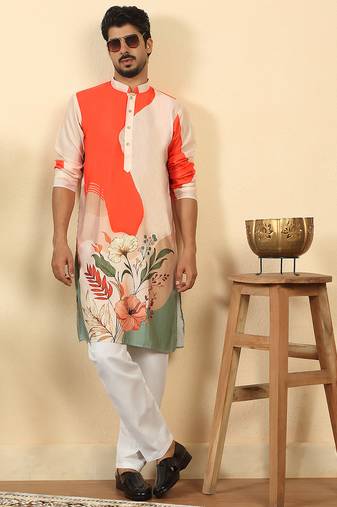 Abstract printed mandarin collar long sleeve straight orange kurta with white pyjamas