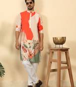 Abstract printed mandarin collar long sleeve straight orange kurta with white pyjamas