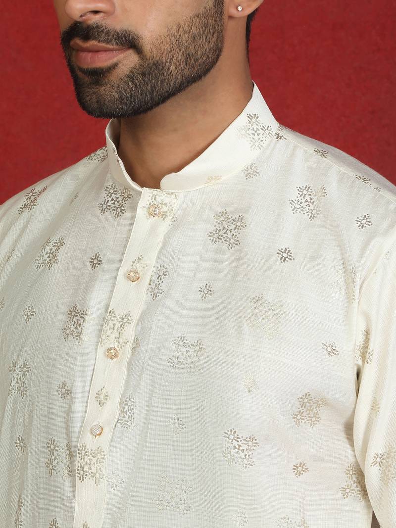 Cotton silk printed knee length cream kurta with salwar