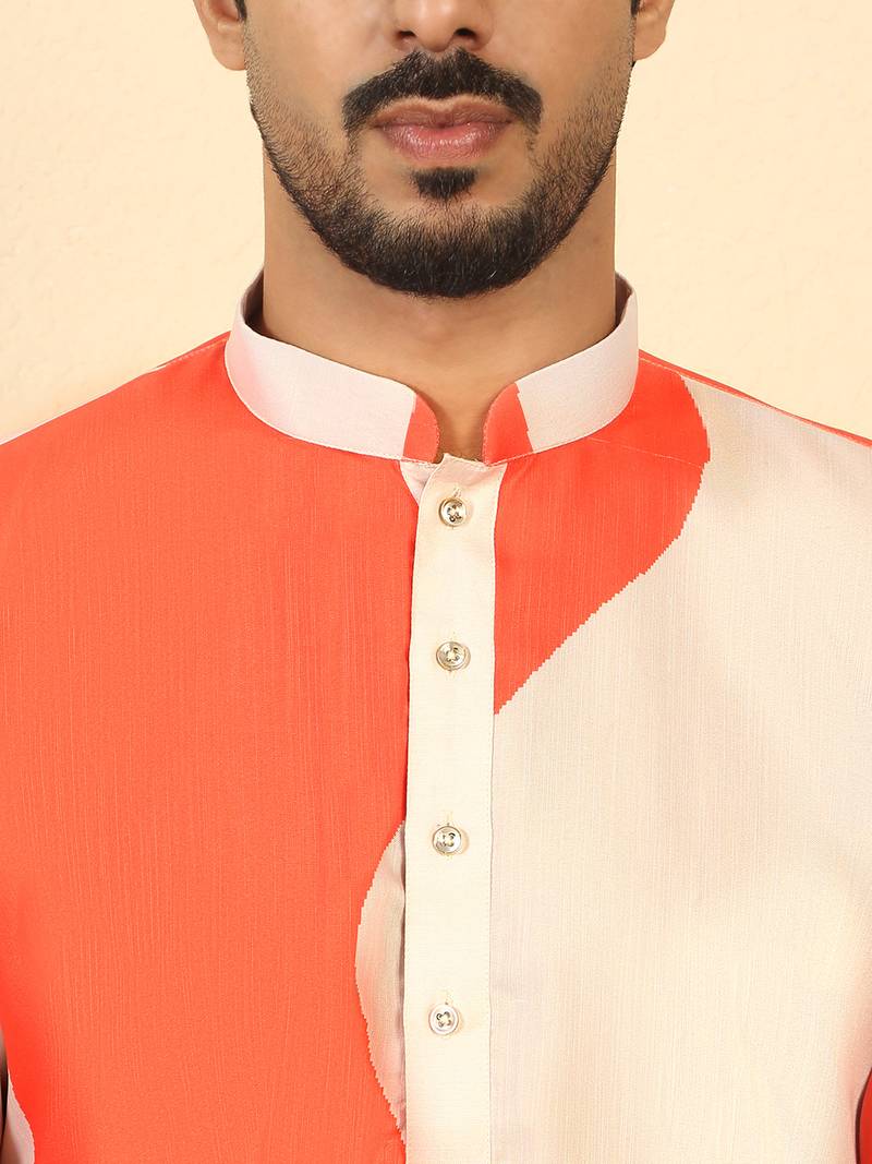Abstract printed mandarin collar long sleeve straight orange kurta with white pyjamas