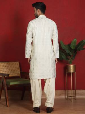 Cotton silk printed knee length cream kurta with salwar 3