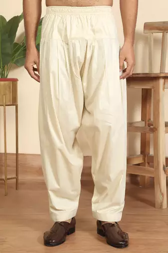 Cotton silk printed knee length cream kurta with salwar