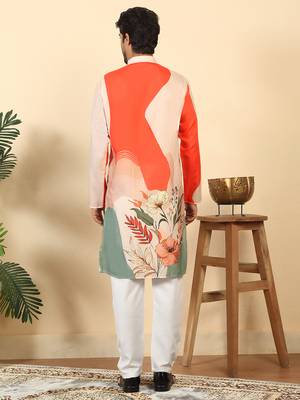 Abstract printed mandarin collar long sleeve straight orange kurta with white pyjamas 3