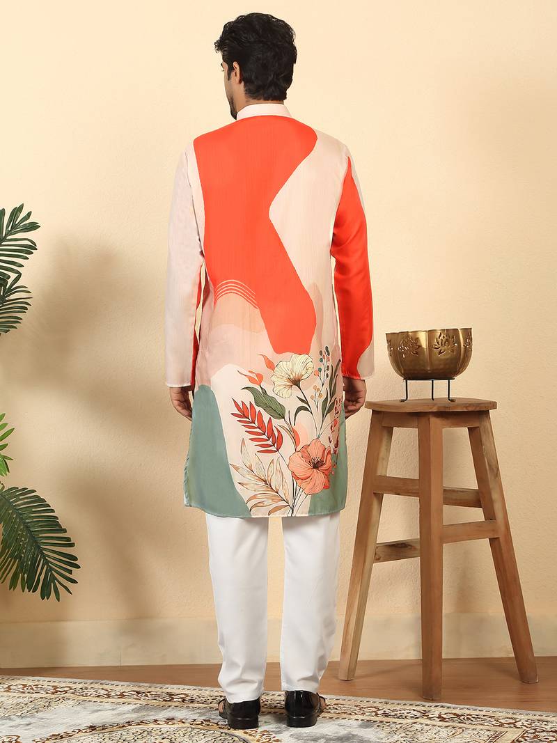 Abstract printed mandarin collar long sleeve straight orange kurta with white pyjamas