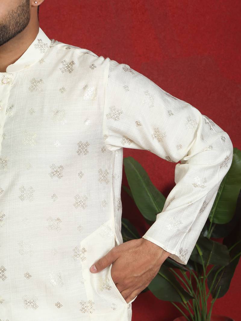 Cotton silk printed knee length cream kurta with salwar