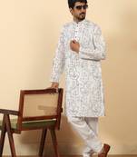 White cotton abstract thread work embroidered kurta with white pyjamas
