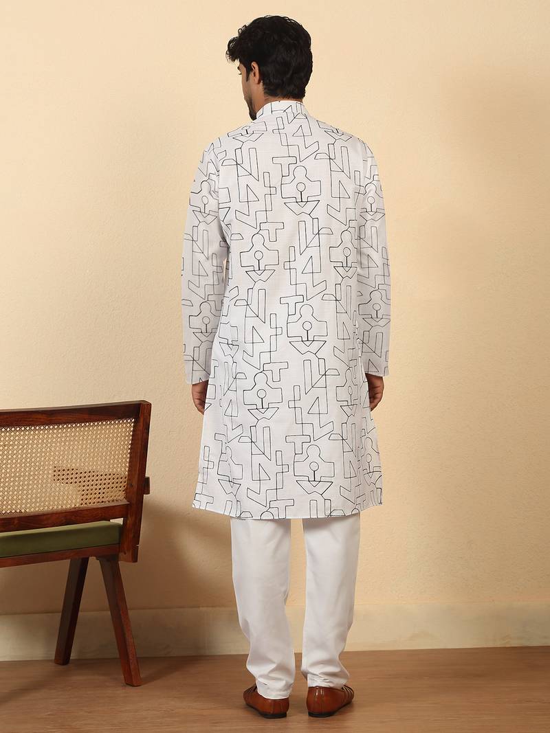 White cotton abstract thread work embroidered kurta with white pyjamas