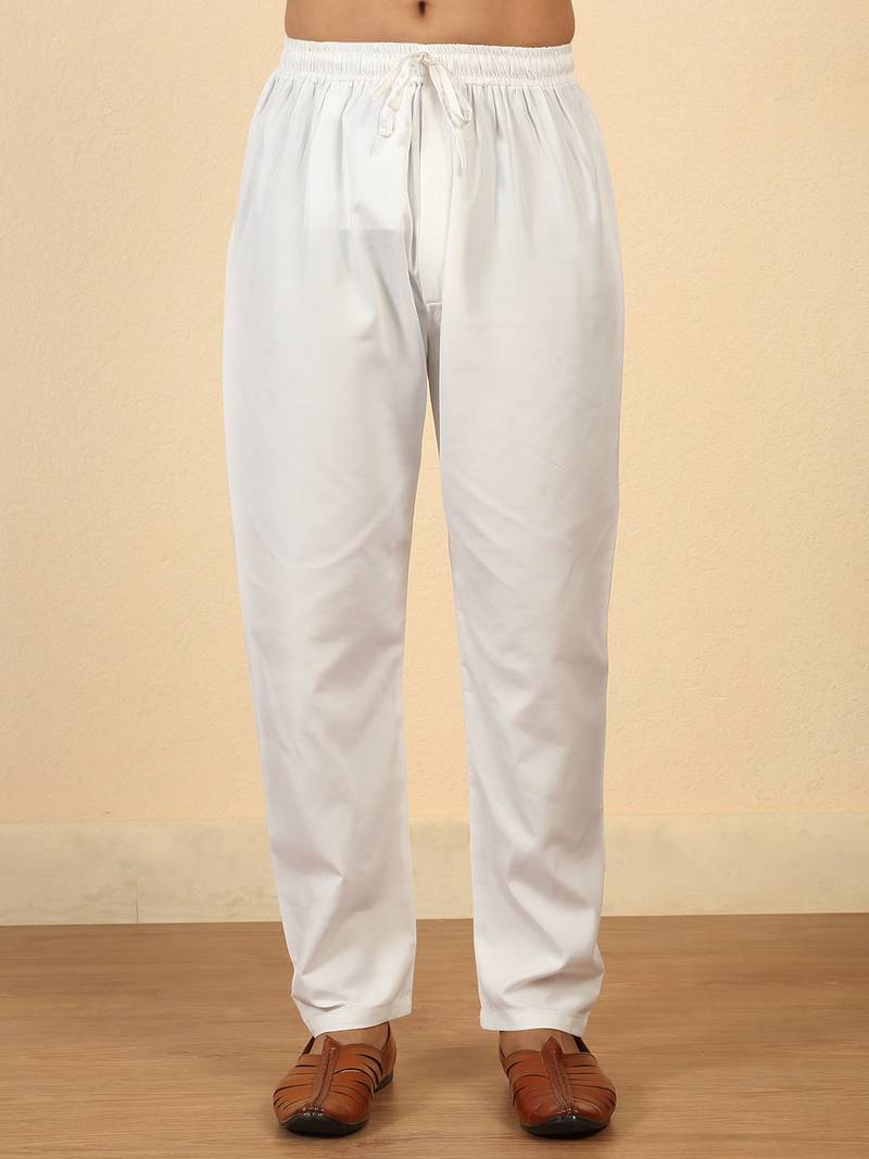 White cotton abstract thread work embroidered kurta with white pyjamas