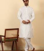 White cotton abstract thread work embroidered kurta with white pyjamas
