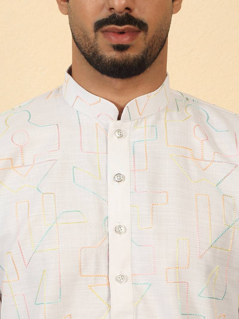 White cotton abstract thread work embroidered kurta with white pyjamas