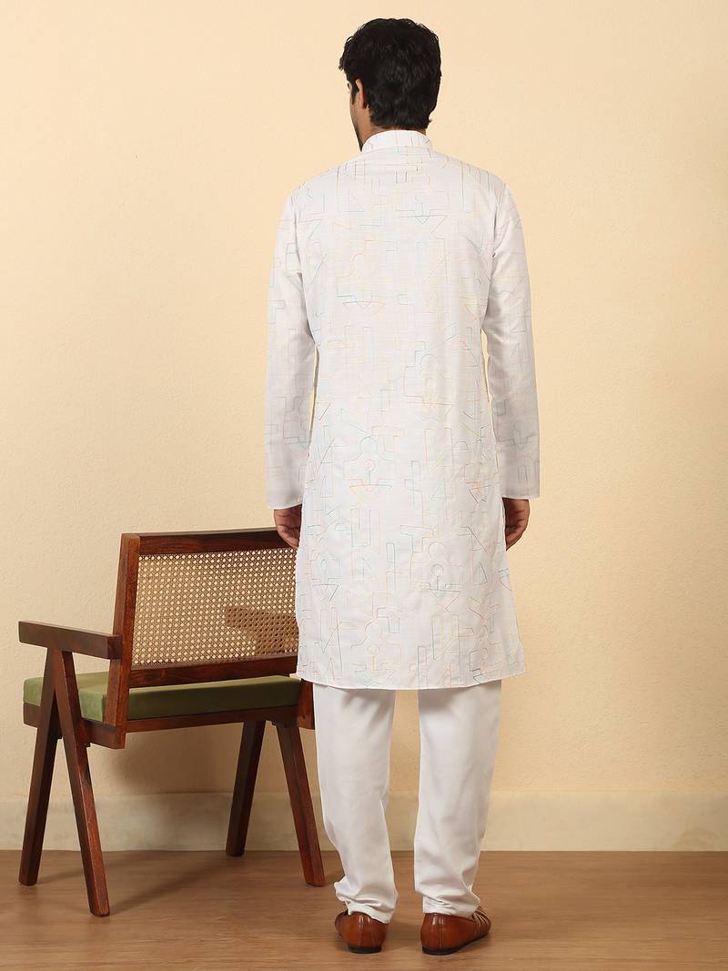 White cotton abstract thread work embroidered kurta with white pyjamas