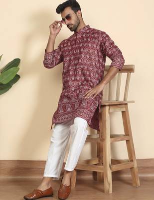 Cotton blend ethnic motifs printed maroon kurta with elasticated pyjamas 1