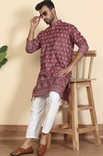 Cotton blend ethnic motifs printed maroon kurta with elasticated pyjamas