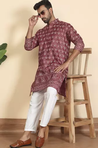 Cotton blend ethnic motifs printed maroon kurta with elasticated pyjamas