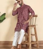 Cotton blend ethnic motifs printed maroon kurta with elasticated pyjamas