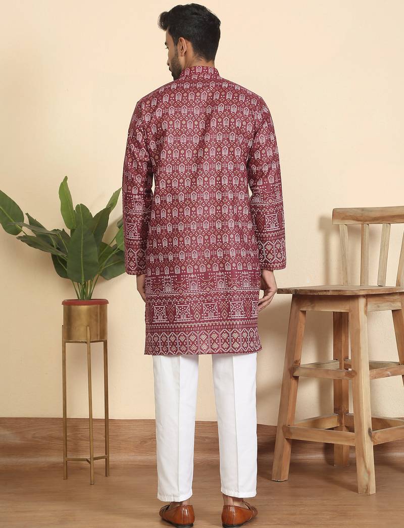 Cotton blend ethnic motifs printed maroon kurta with elasticated pyjamas