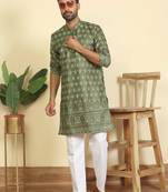 Cotton blend ethnic motifs printed green kurta with elasticated pyjamas