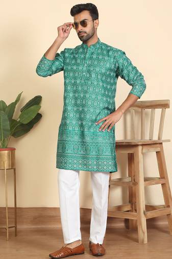 Cotton blend ethnic motifs printed teal green kurta with elasticated pyjamas