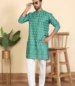 Cotton blend ethnic motifs printed teal green kurta with elasticated pyjamas