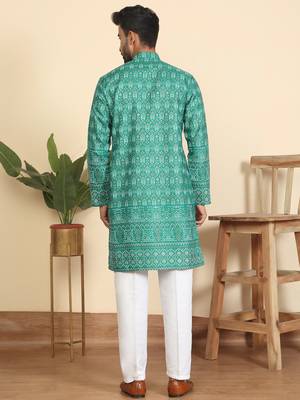 Cotton blend ethnic motifs printed teal green kurta with elasticated pyjamas 3