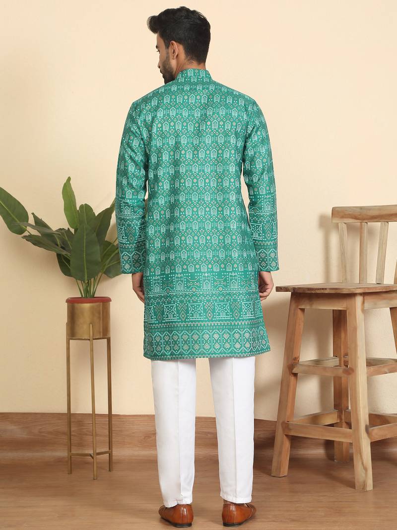 Cotton blend ethnic motifs printed teal green kurta with elasticated pyjamas